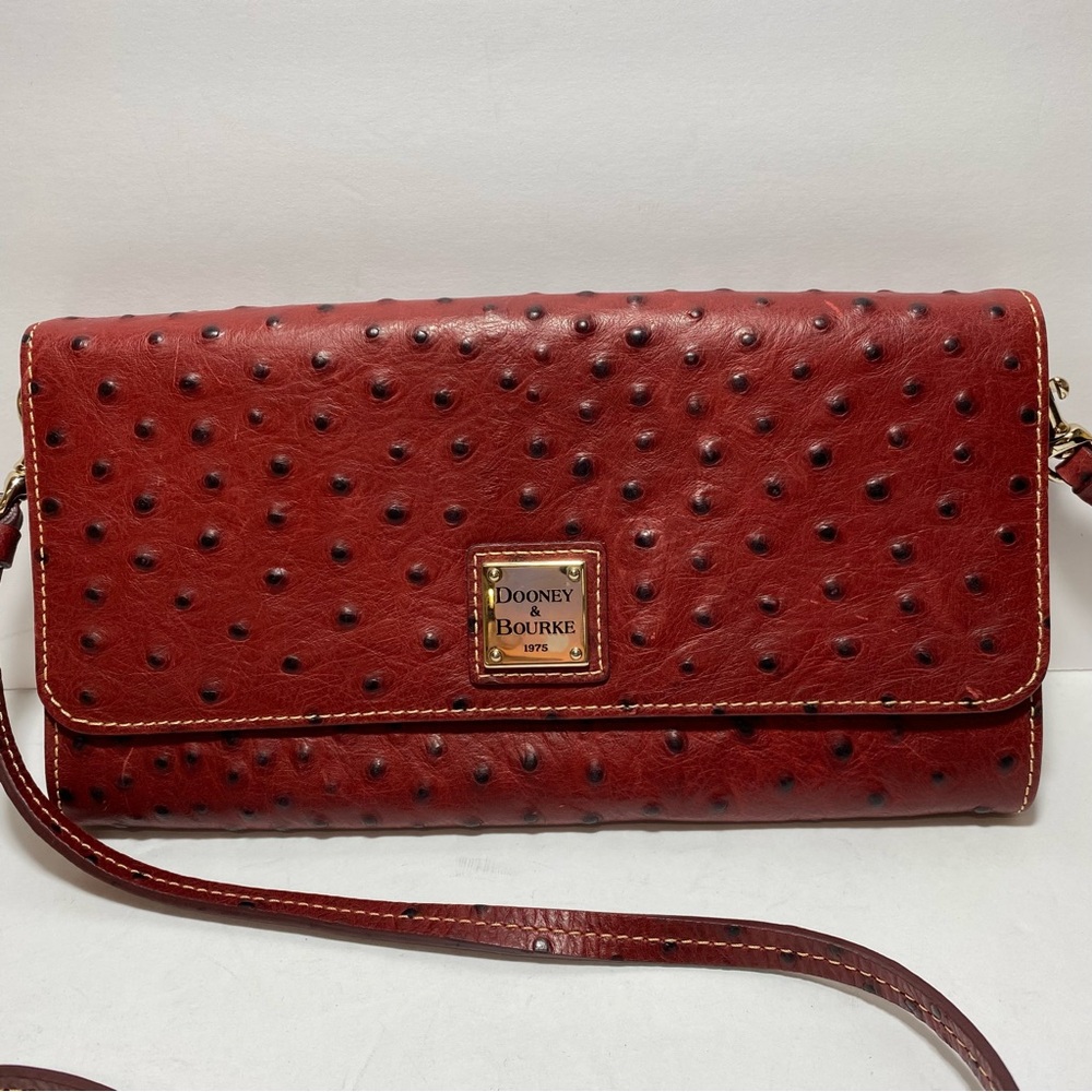 Dooney & Bourke Red Leather Women's Bag  Ostrich Embossed crossbody Clutch Purse - Picture 2 of 16